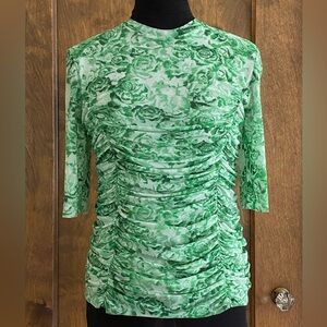Ganni green rose mock neck ruched stretch sheer mesh top size 40/medium